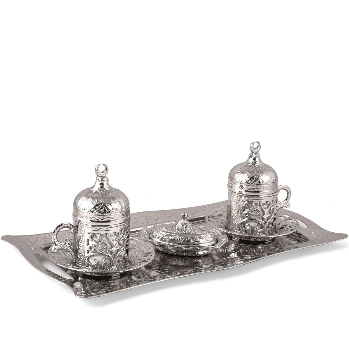 Traditional Antique Silver Turkish Coffee Set for 2