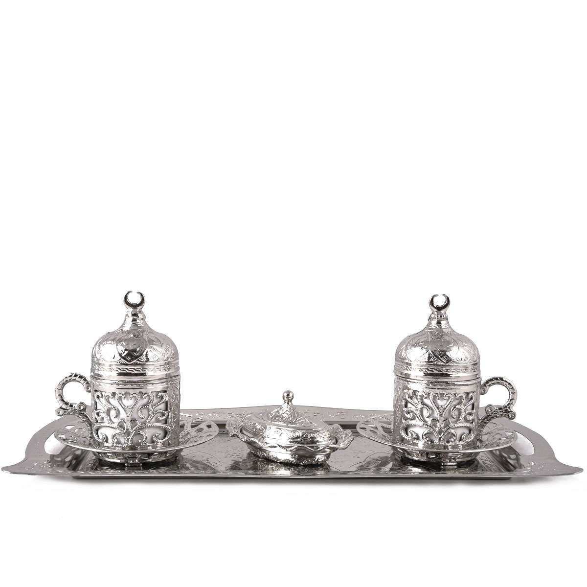 Traditional Antique Silver Turkish Coffee Set for 2